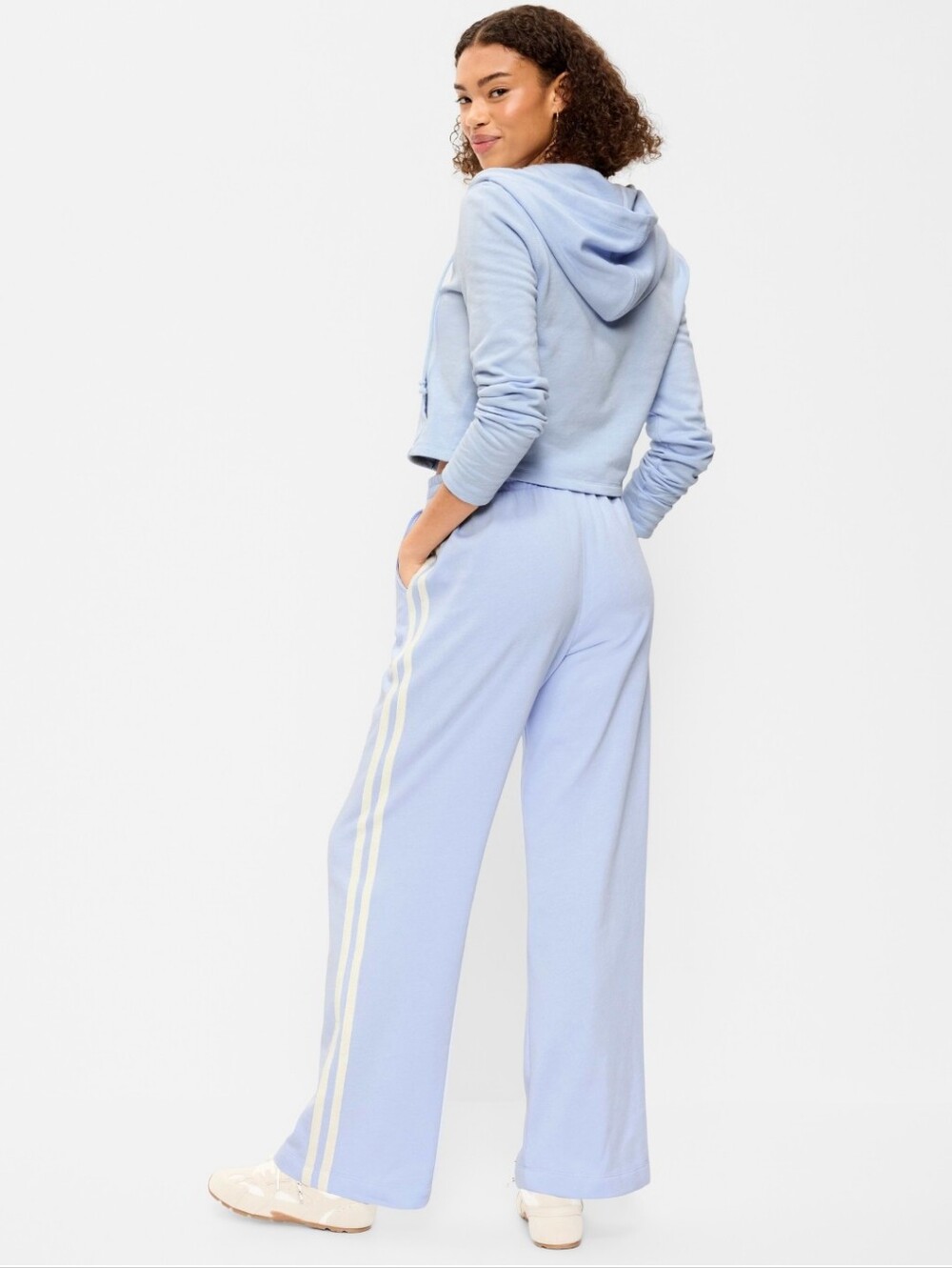 Light Blue Wide-Leg Track Pants with Cream Side Stripes